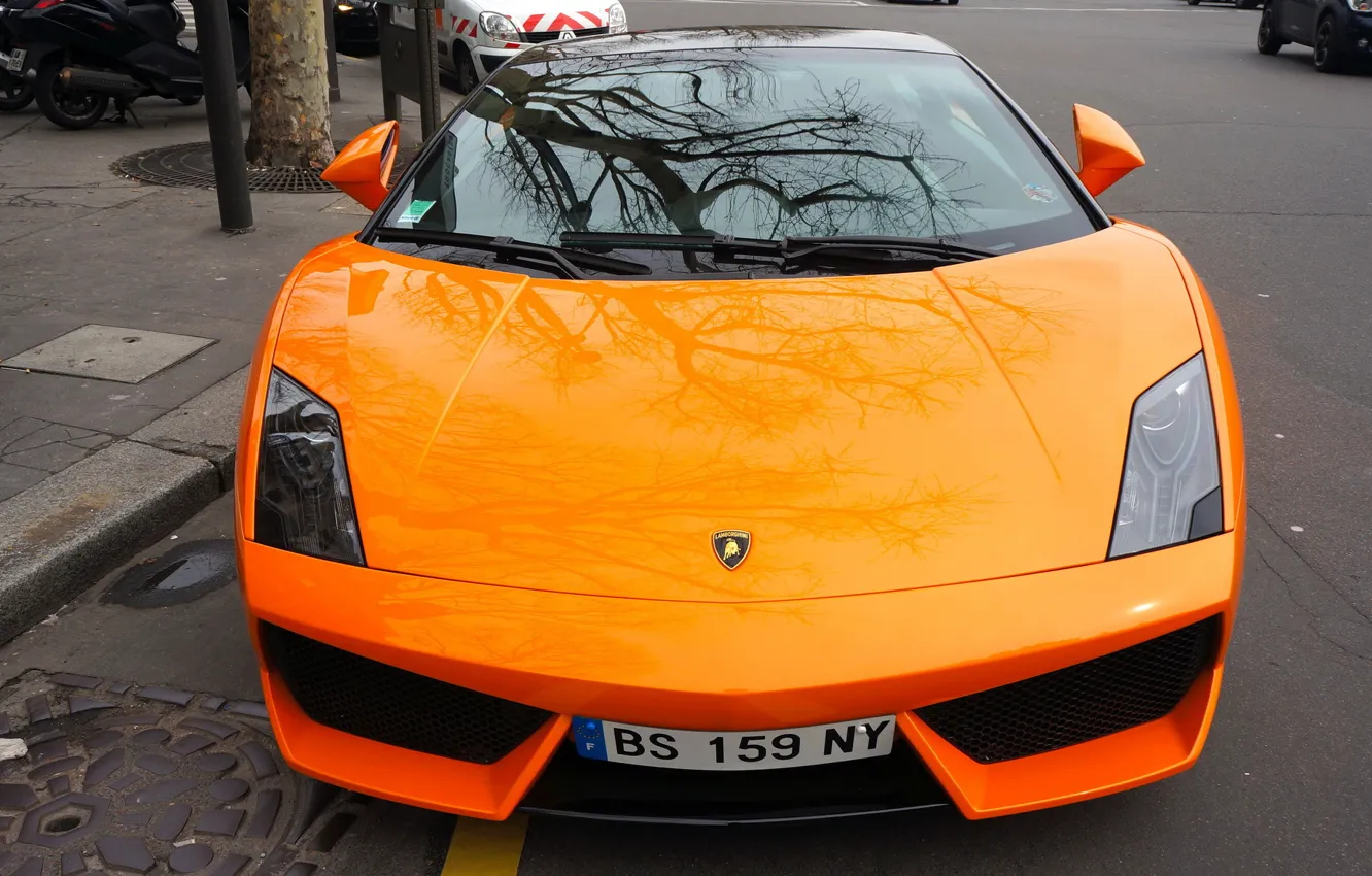 Photo wallpaper the city, reflection, Lamborghini, Orange, Gallardo, supercar, the front