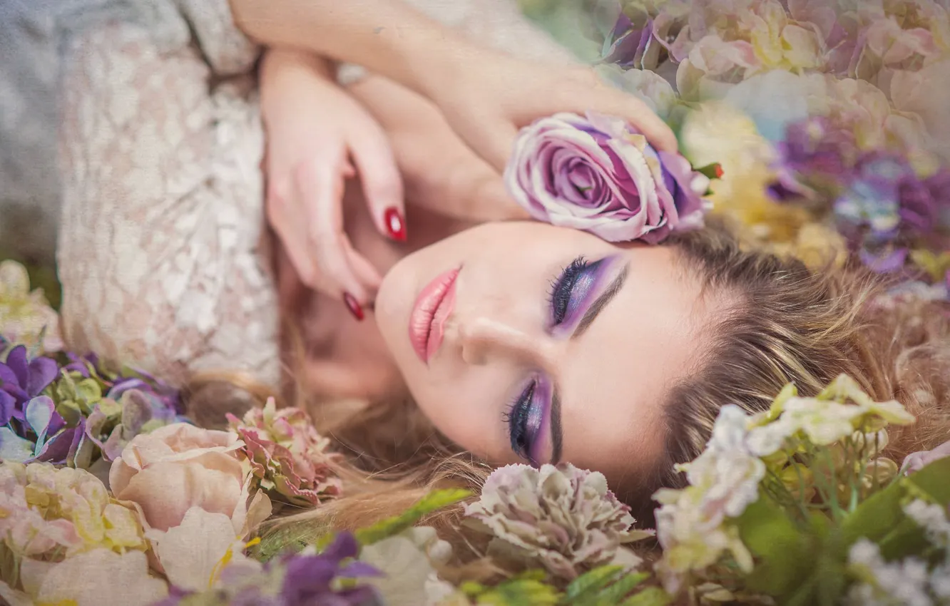 Photo wallpaper girl, flowers, face, mood, rose, texture, makeup, Magdalena Kozłowicz