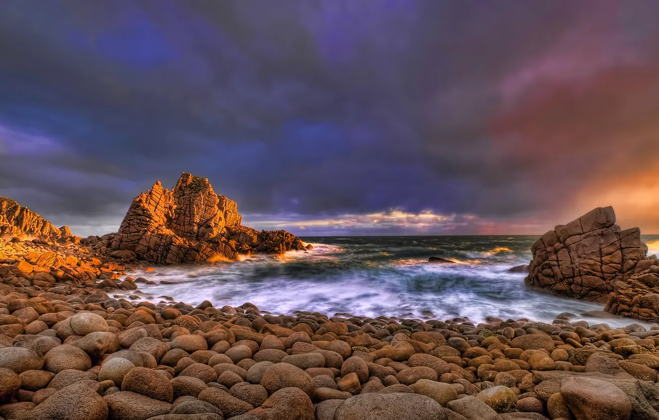 Photo wallpaper the sky, sunset, clouds, stones, rocks, shore, The ocean, the evening