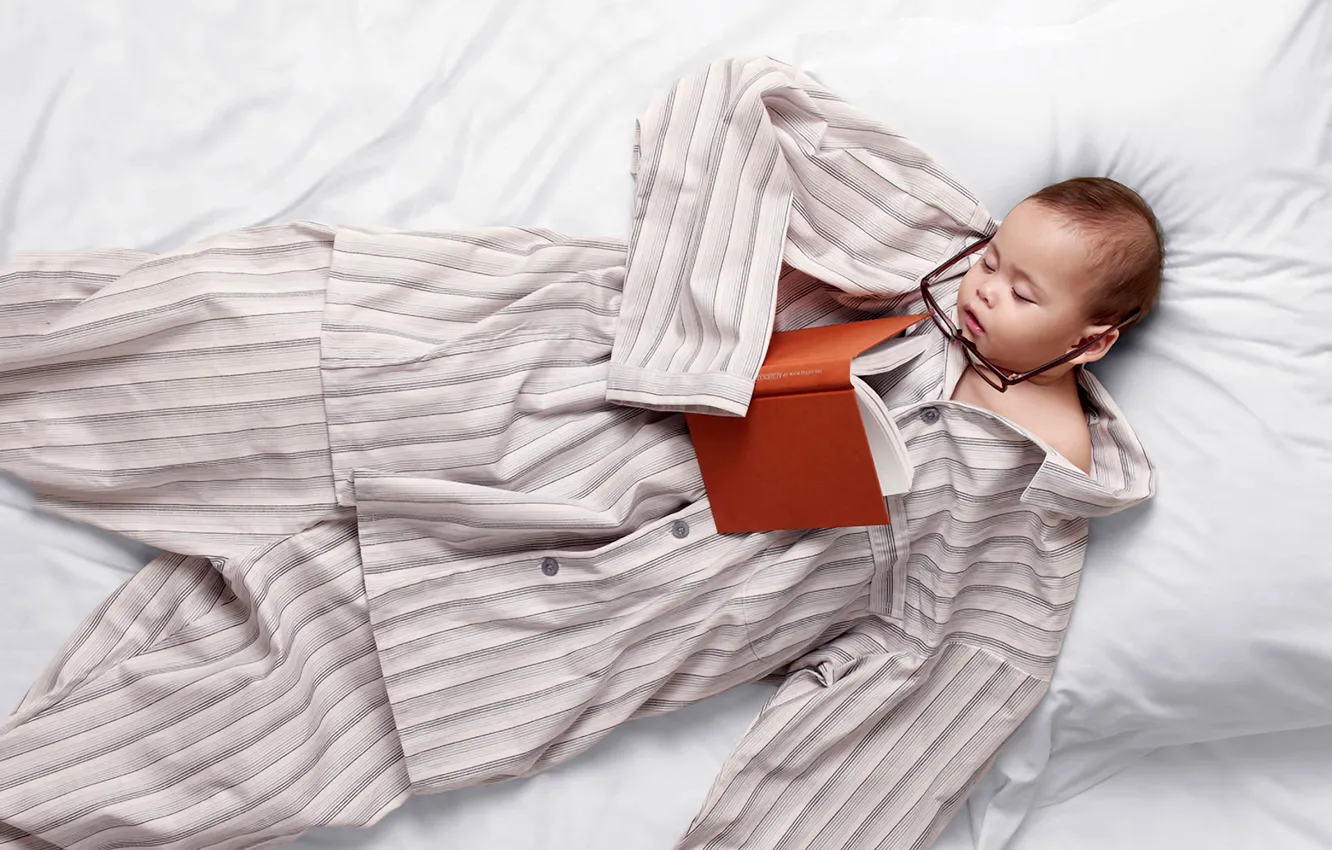 Photo wallpaper child, sleep, glasses, bed, book, pajamas