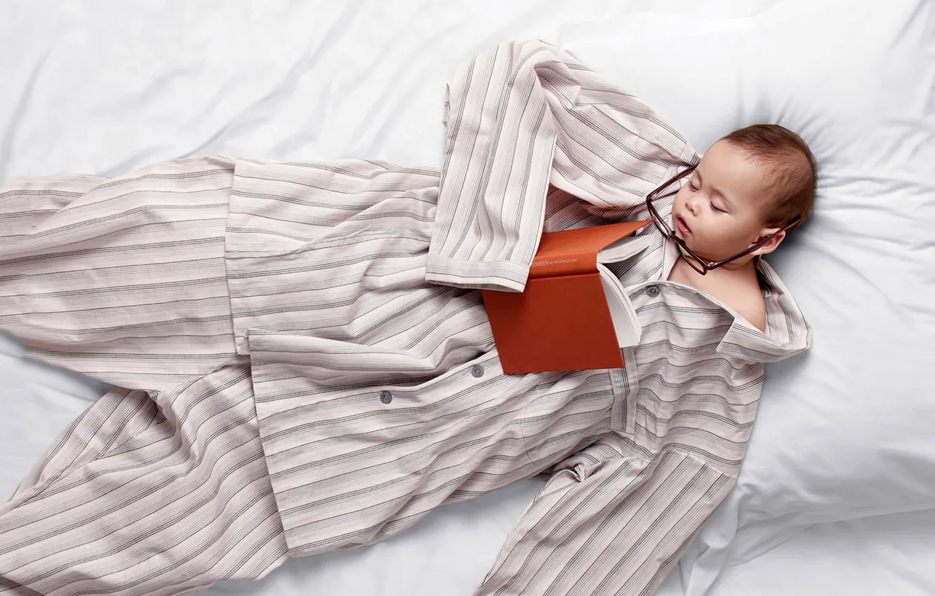Photo wallpaper children, sleep, glasses, bed, book, pajamas