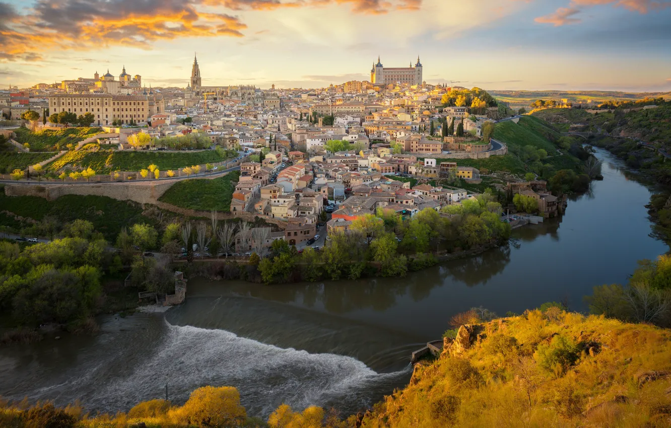 Photo wallpaper river, building, home, panorama, Spain, Toledo, Spain, Toledo