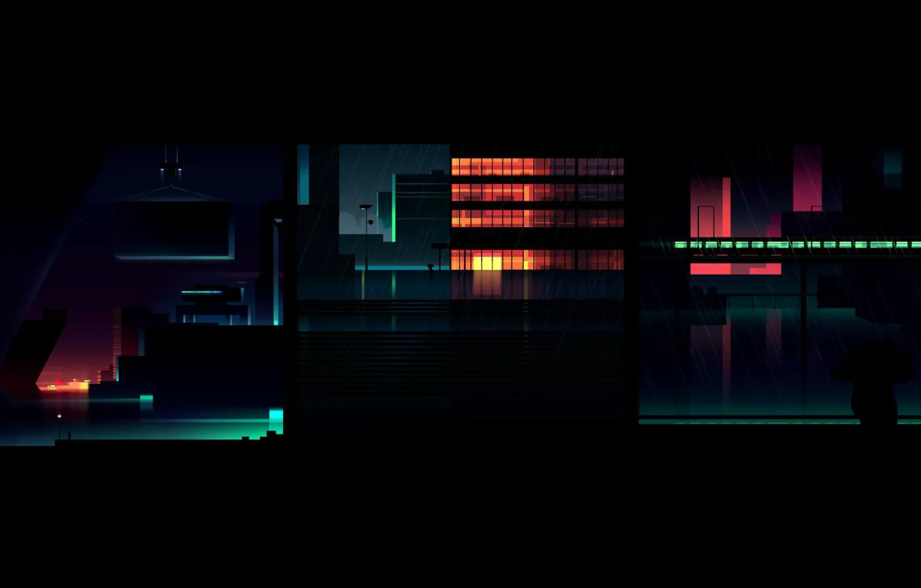 Photo wallpaper the city, style, rain, building, train, vector, silhouette, art