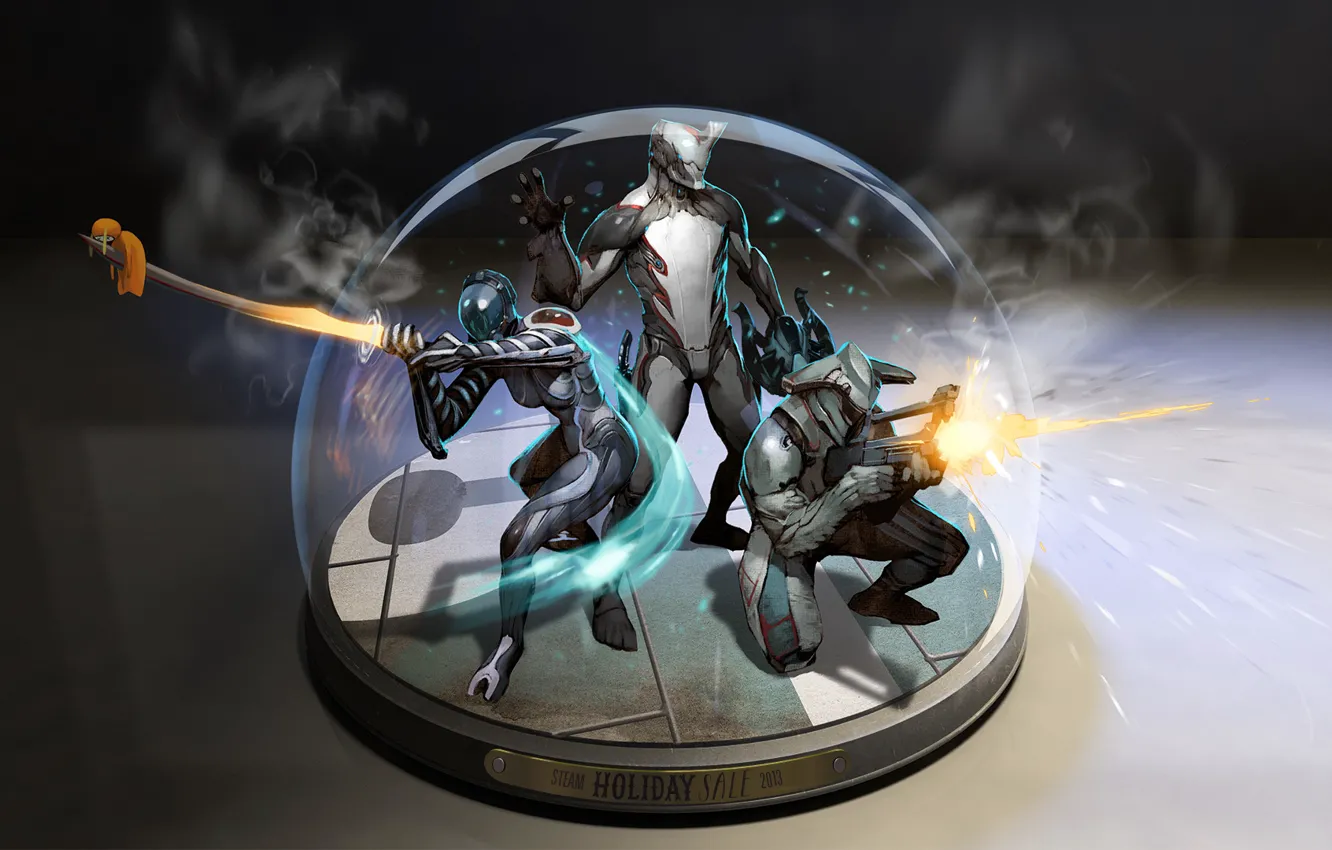 Photo wallpaper weapons, smoke, katana, snow globe, Warframe, warframe