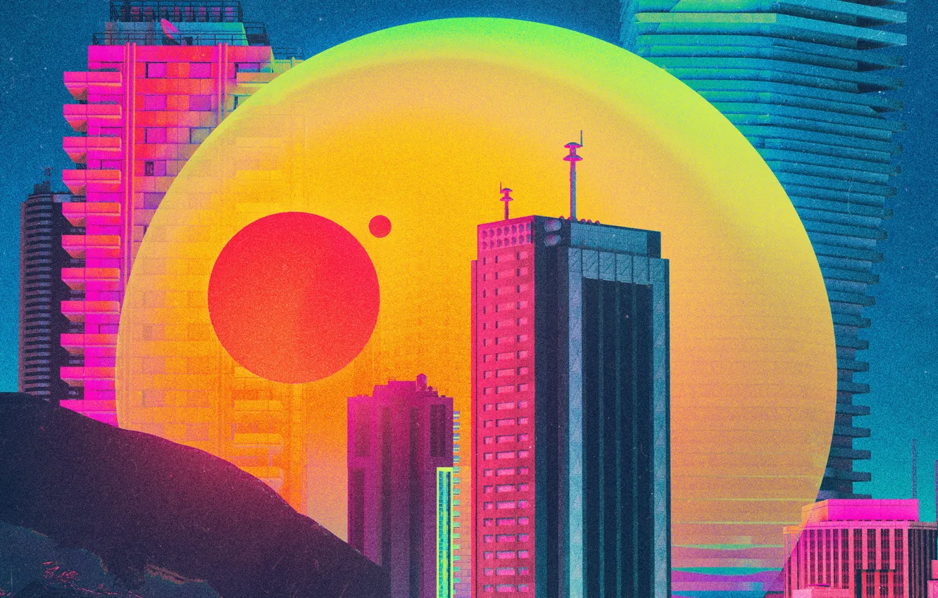 Photo wallpaper the sun, sunset, city, the city, style, music, rendering, fiction
