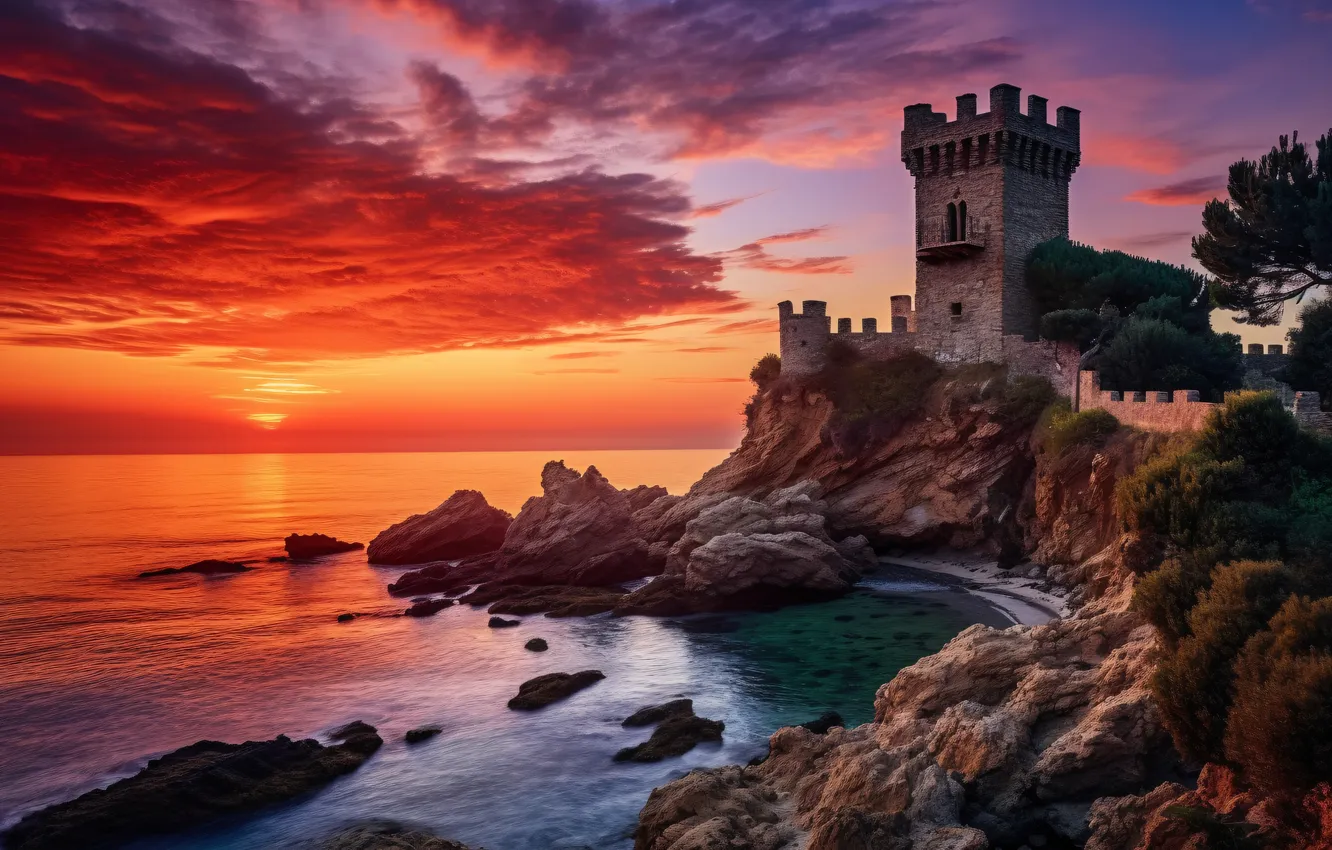 Photo wallpaper sea, the sky, sunset, clouds, castle, rocks, landscape, view