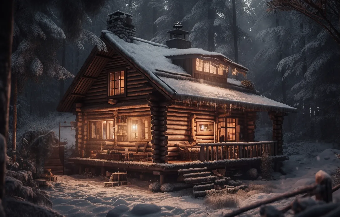 Photo wallpaper winter, forest, light, snow, trees, night, nature, comfort