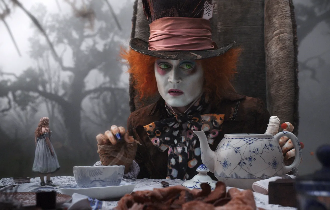 Photo wallpaper Johnny Depp, the tea party, Alice in Wonderland, Mad Hatter, Johnny Depp, mad Hatter, fog …