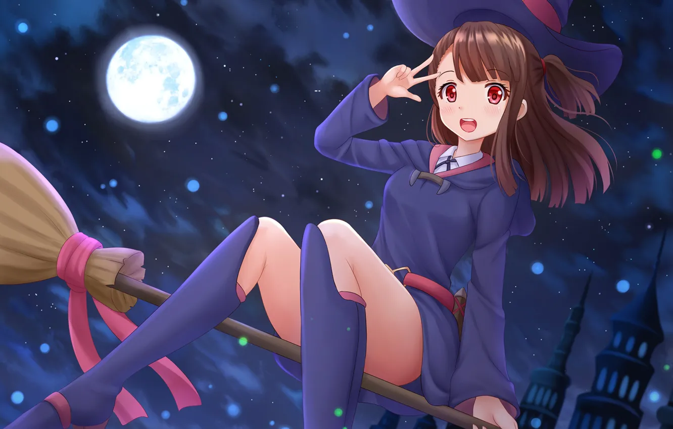 Photo wallpaper girl, hat, witch, broom, flies, anime, art, Academy for witches