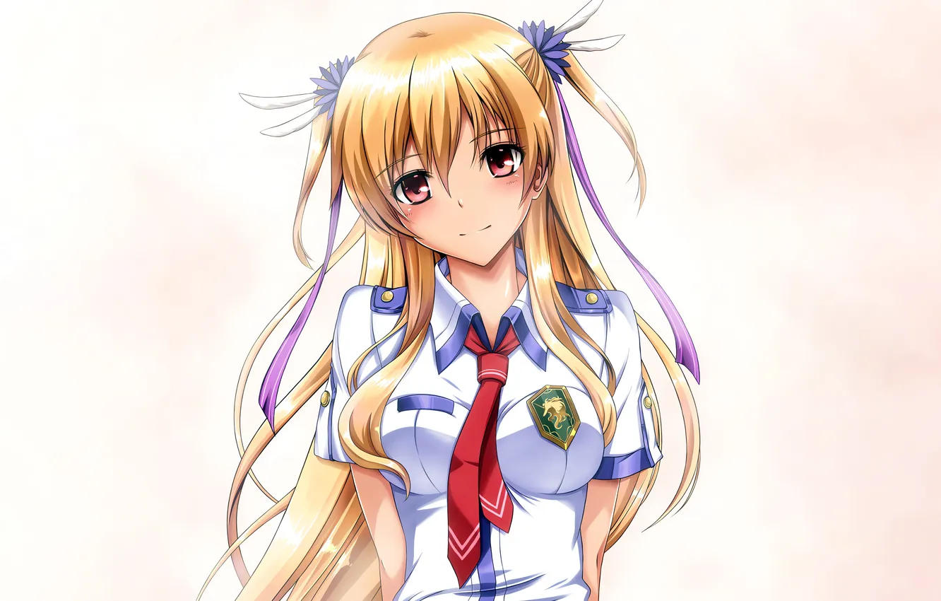 Photo wallpaper girl, school uniform, long hair, boobs, anime, beautiful, ribbons, red eyes