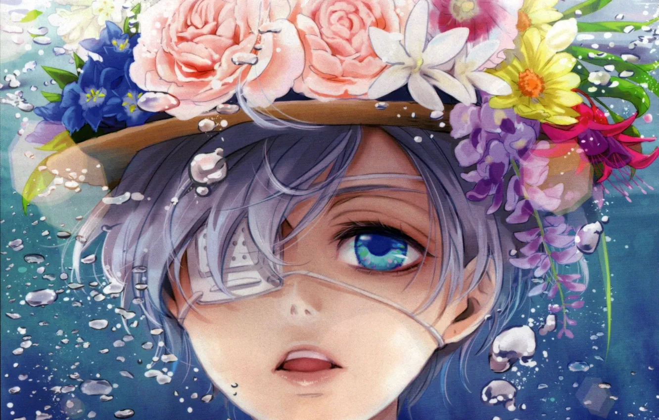 Photo wallpaper flowers, bubbles, roses, hat, anime, art, headband, guy