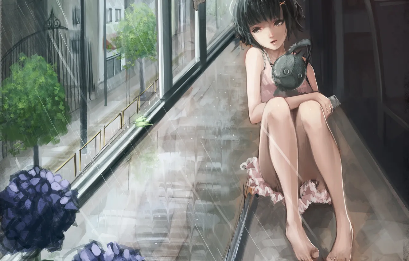 Photo wallpaper girl, flowers, rain, toy, anime, window, art, baka