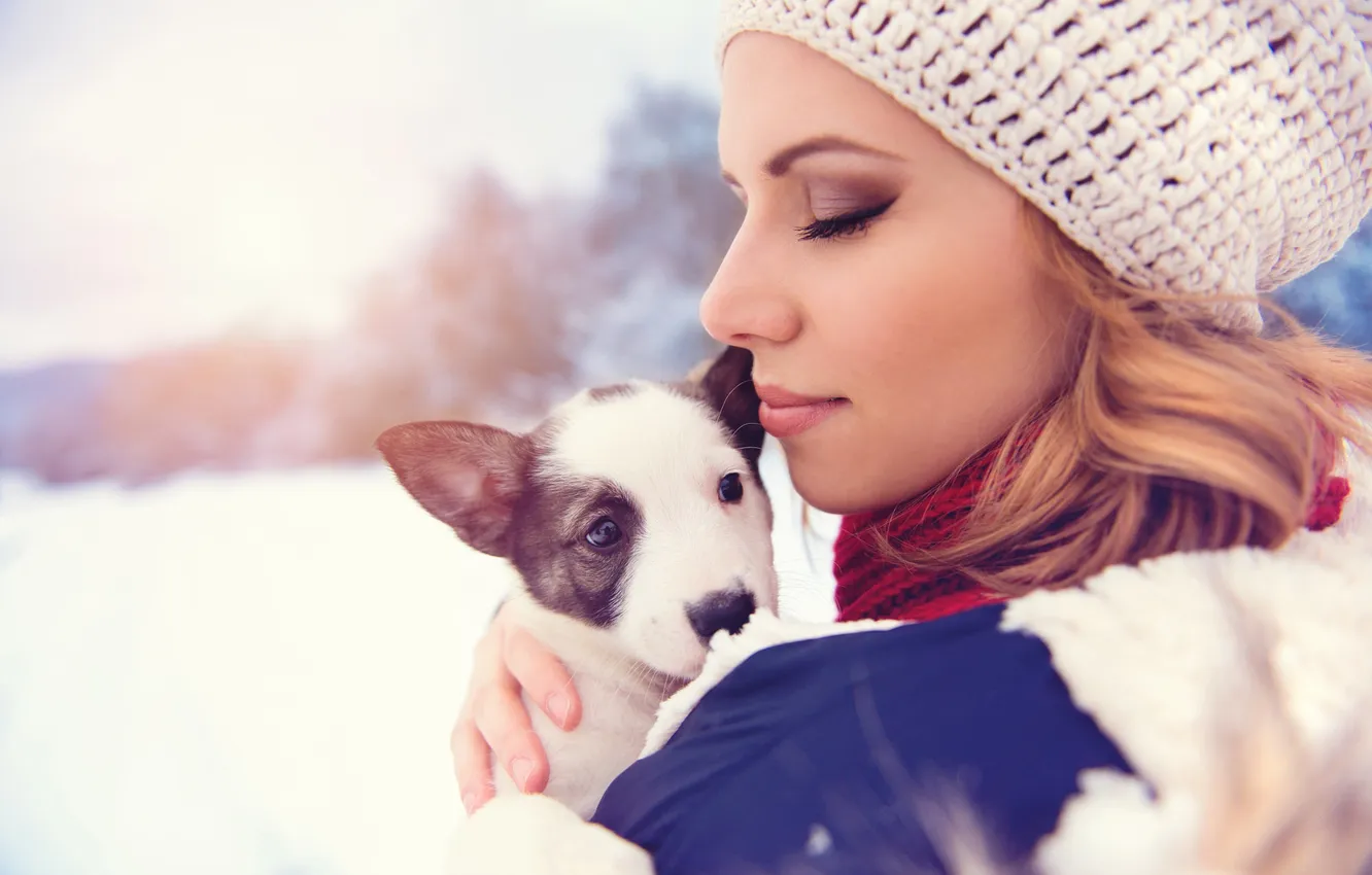 Photo wallpaper winter, girl, hat, dog, blonde, profile, dog