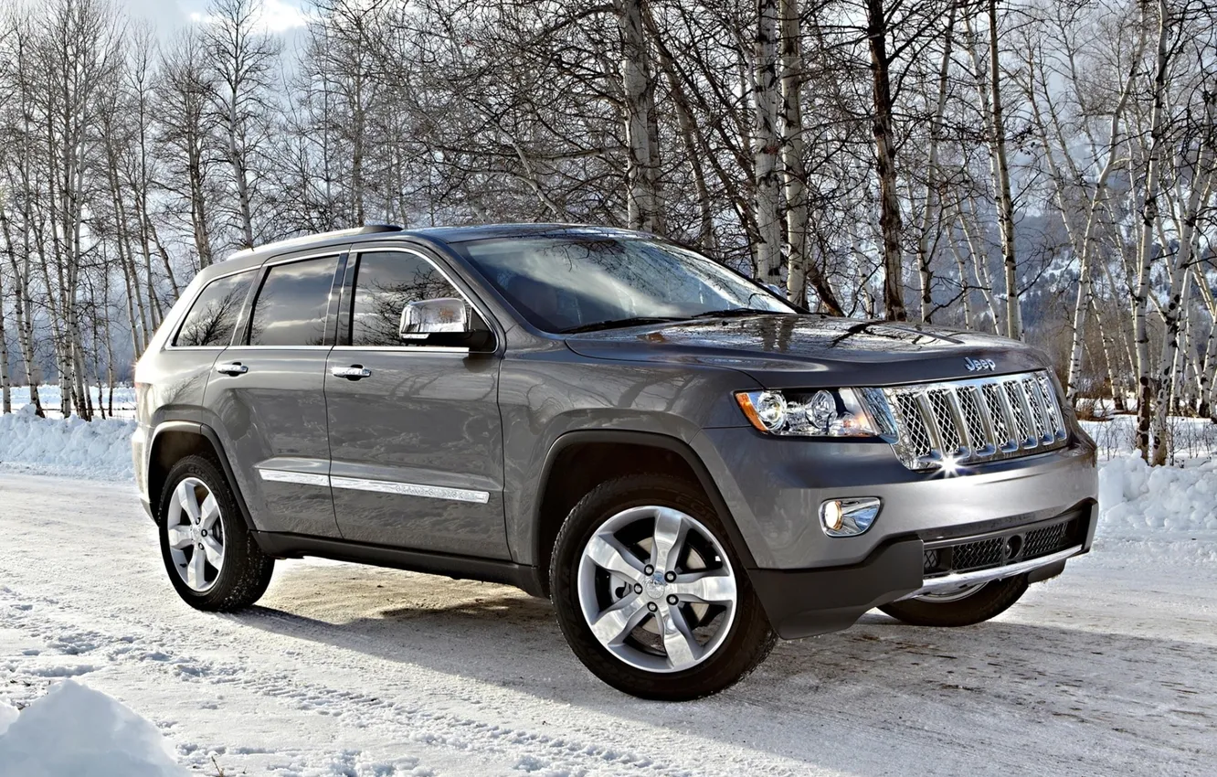 Photo wallpaper winter, snow, trees, jeep, SUV, Jeep, Grand Cherokee, Grand Cheroke