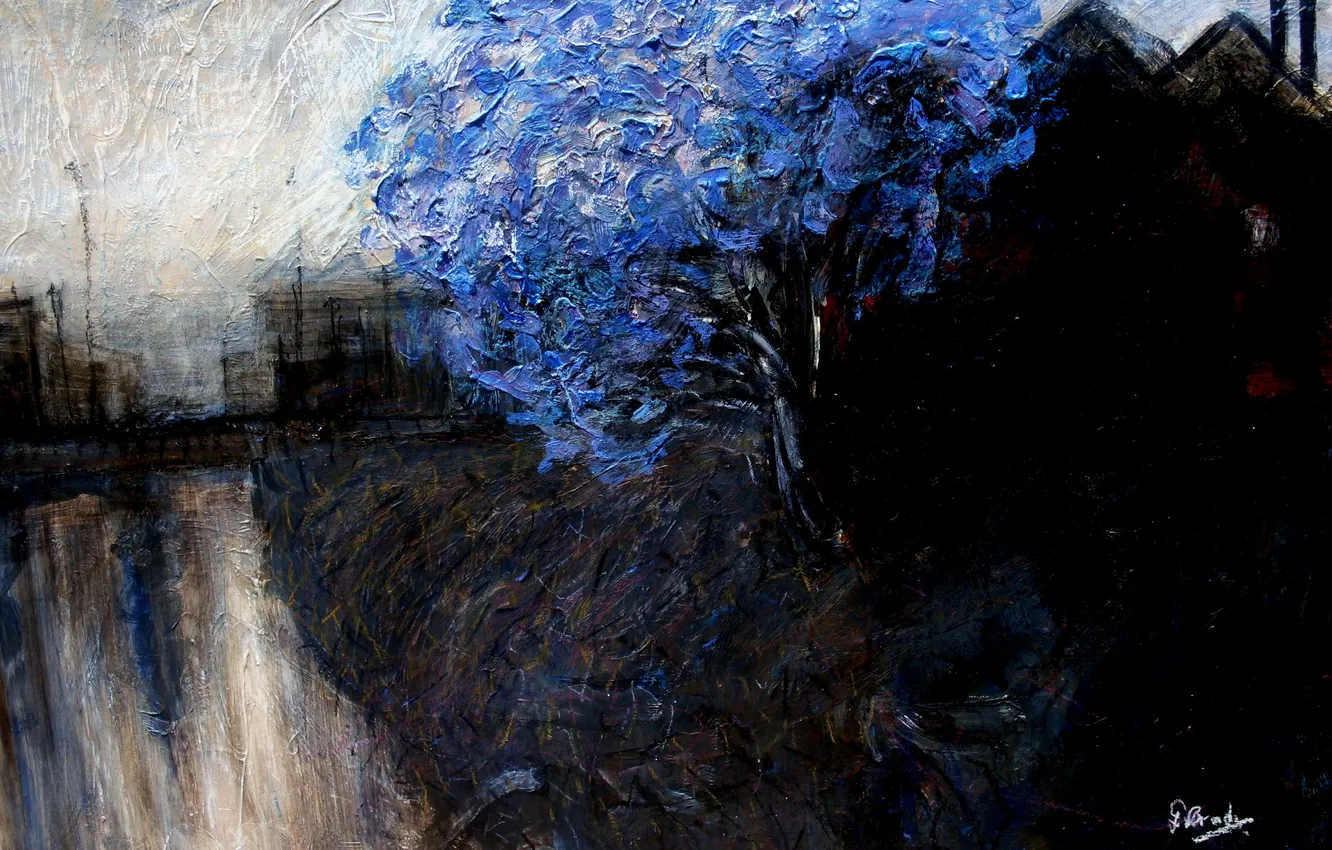 Photo wallpaper trees, landscape, blue, oil, picture