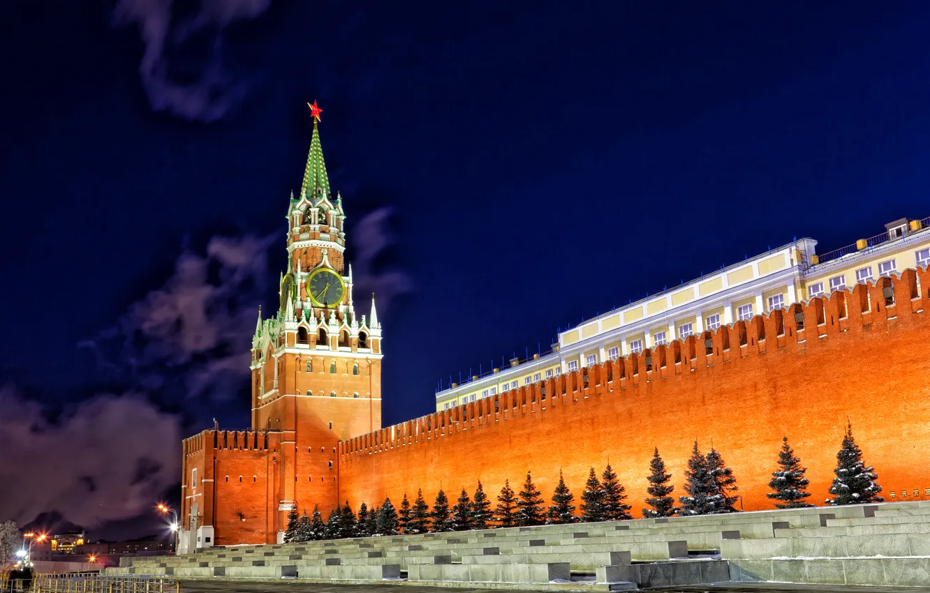 Photo wallpaper night, lights, wall, star, watch, tower, Moscow, The Kremlin