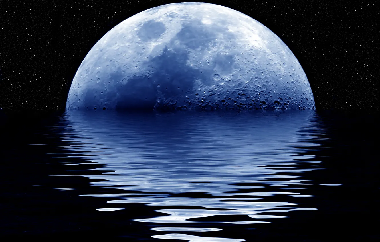 Photo wallpaper moon, blue, water, rising, giant