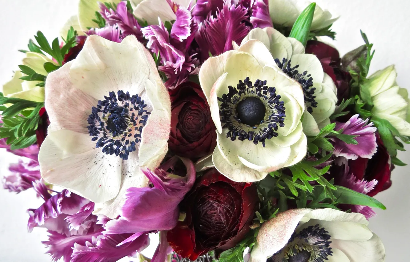 Photo wallpaper bouquet, irises, anemones, Bouquets