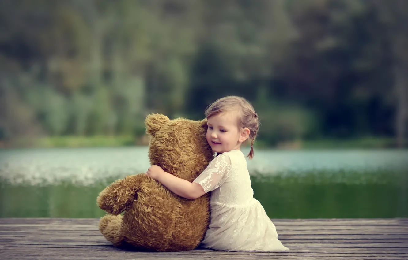 Photo wallpaper joy, toy, bear, girl