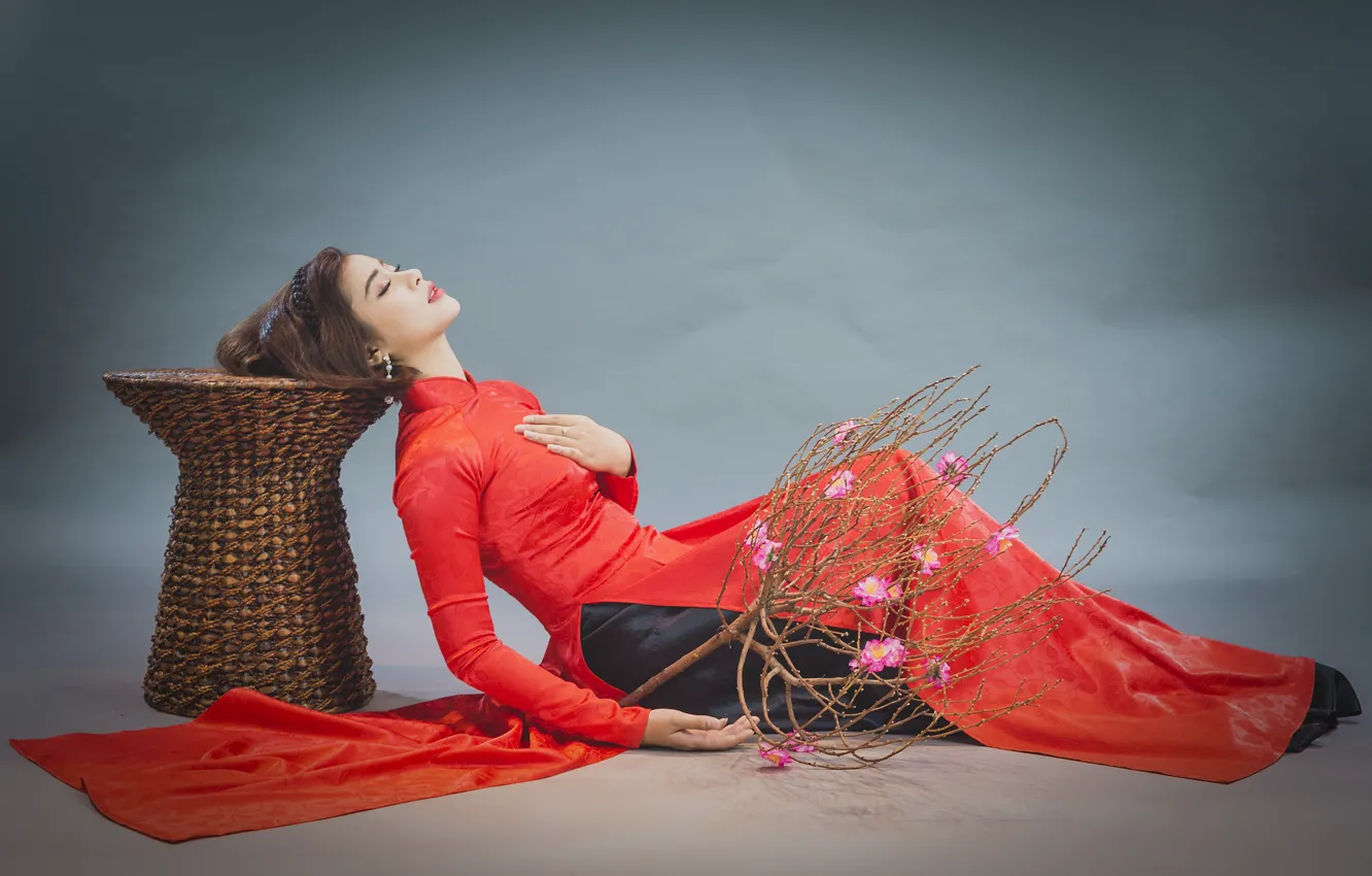 Photo wallpaper girl, nature, dress, lies, Asian, in red