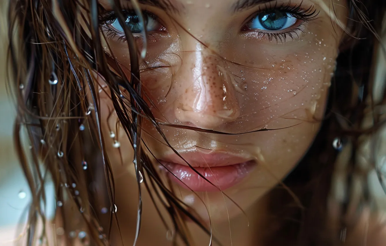 Photo wallpaper look, water, girl, drops, close-up, face, pose, eyelashes