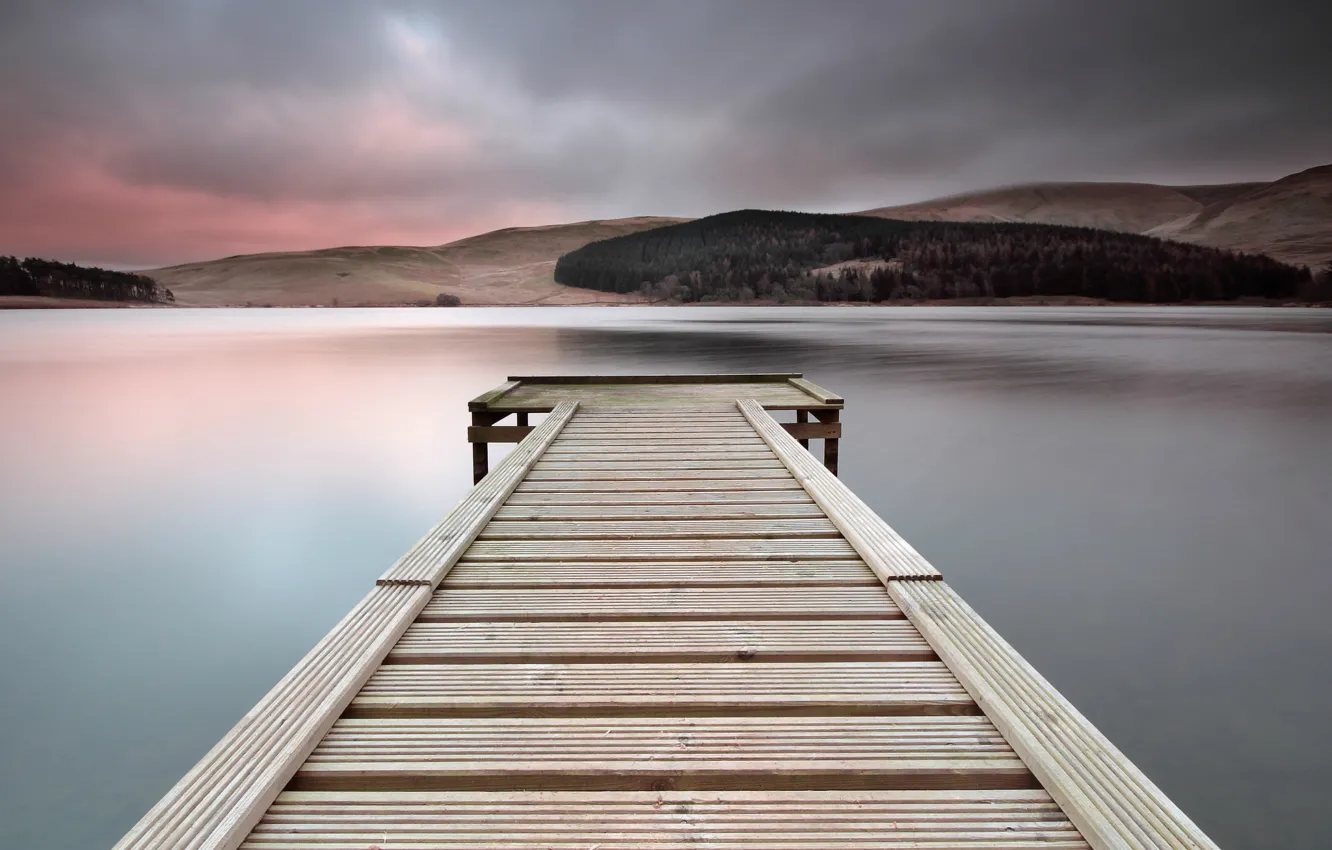 Photo wallpaper the sky, clouds, lake, the evening, Scotland, UK, wooden, the bridge