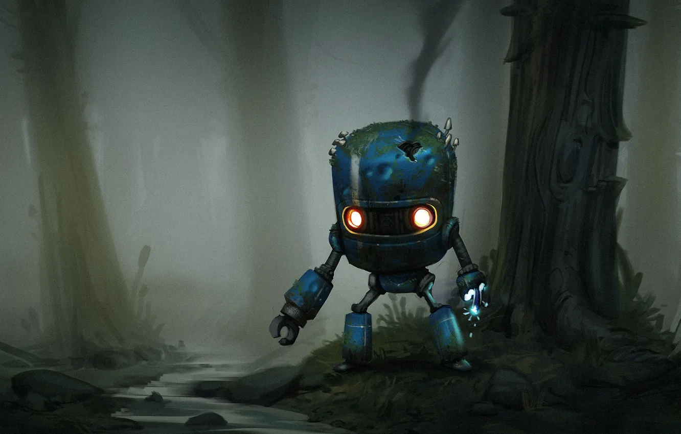 Photo wallpaper forest, figure, robot, robot, art, by Guilherme Freitas, Guilherme Freitas, Lost Robot