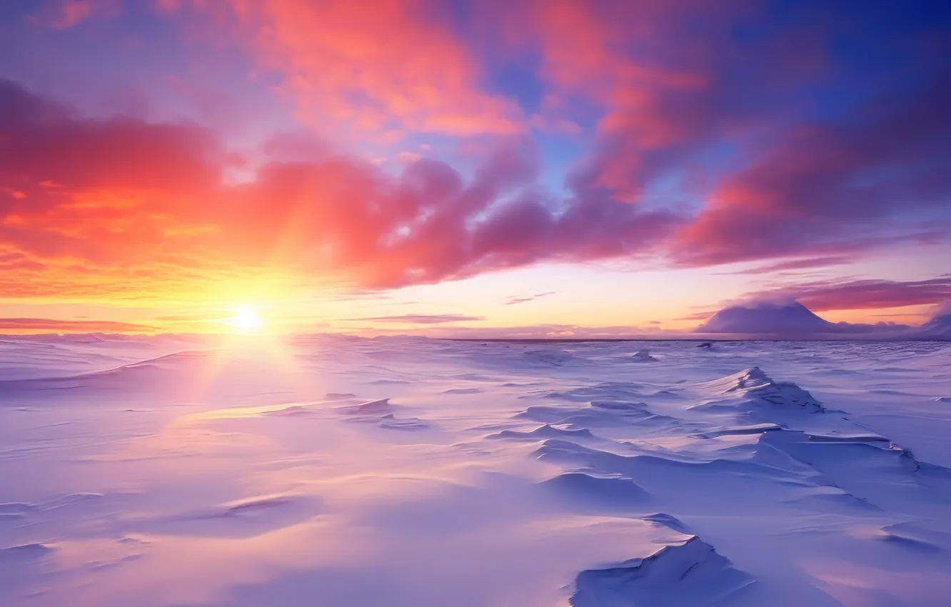 Photo wallpaper winter, field, the sky, the sun, clouds, rays, light, snow