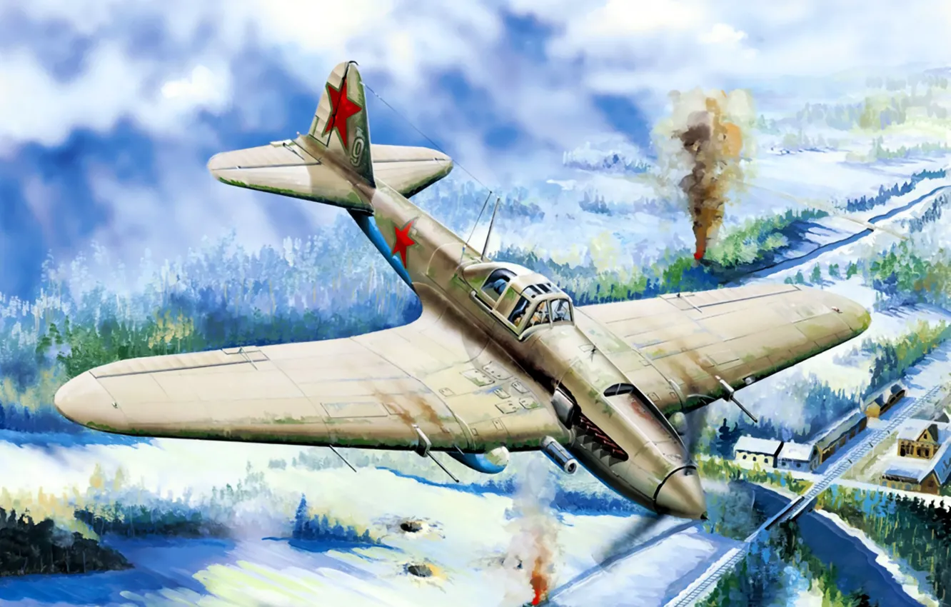 Photo wallpaper aircraft, war, art, airplane, painting, WW2, Ilyushin Il-2, IL-2 Sturmovik
