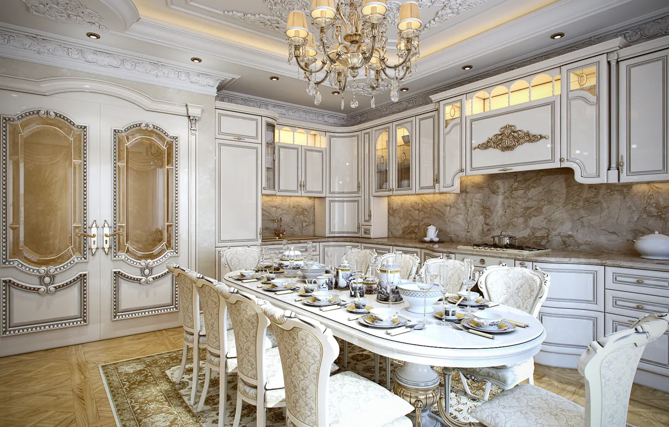 Photo wallpaper table, furniture, chairs, interior, the ceiling, kitchen, chandelier, dishes