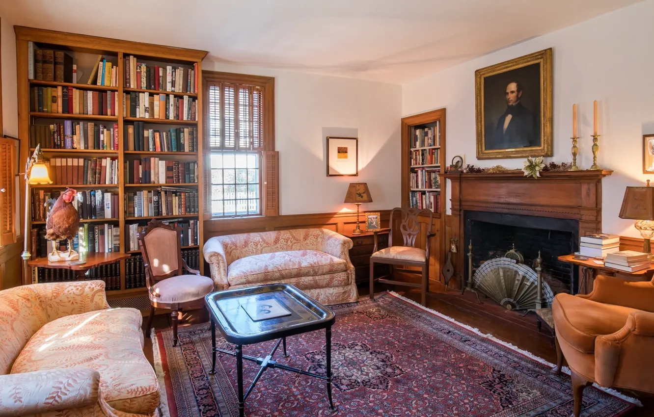 Photo wallpaper design, style, interior, fireplace, library, living room