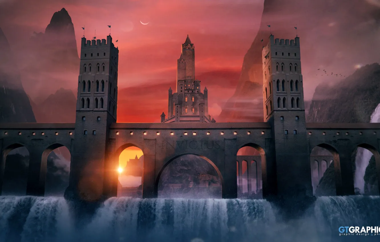 Photo wallpaper mountains, bridge, castle, tower, waterfall, Invictus