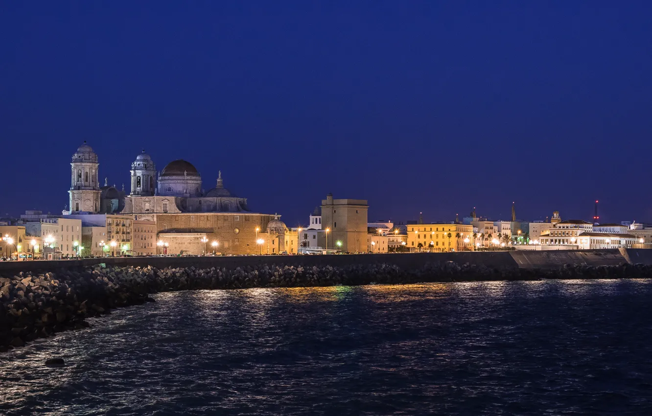 Photo wallpaper sea, night, lights, home, Spain, Cadiz