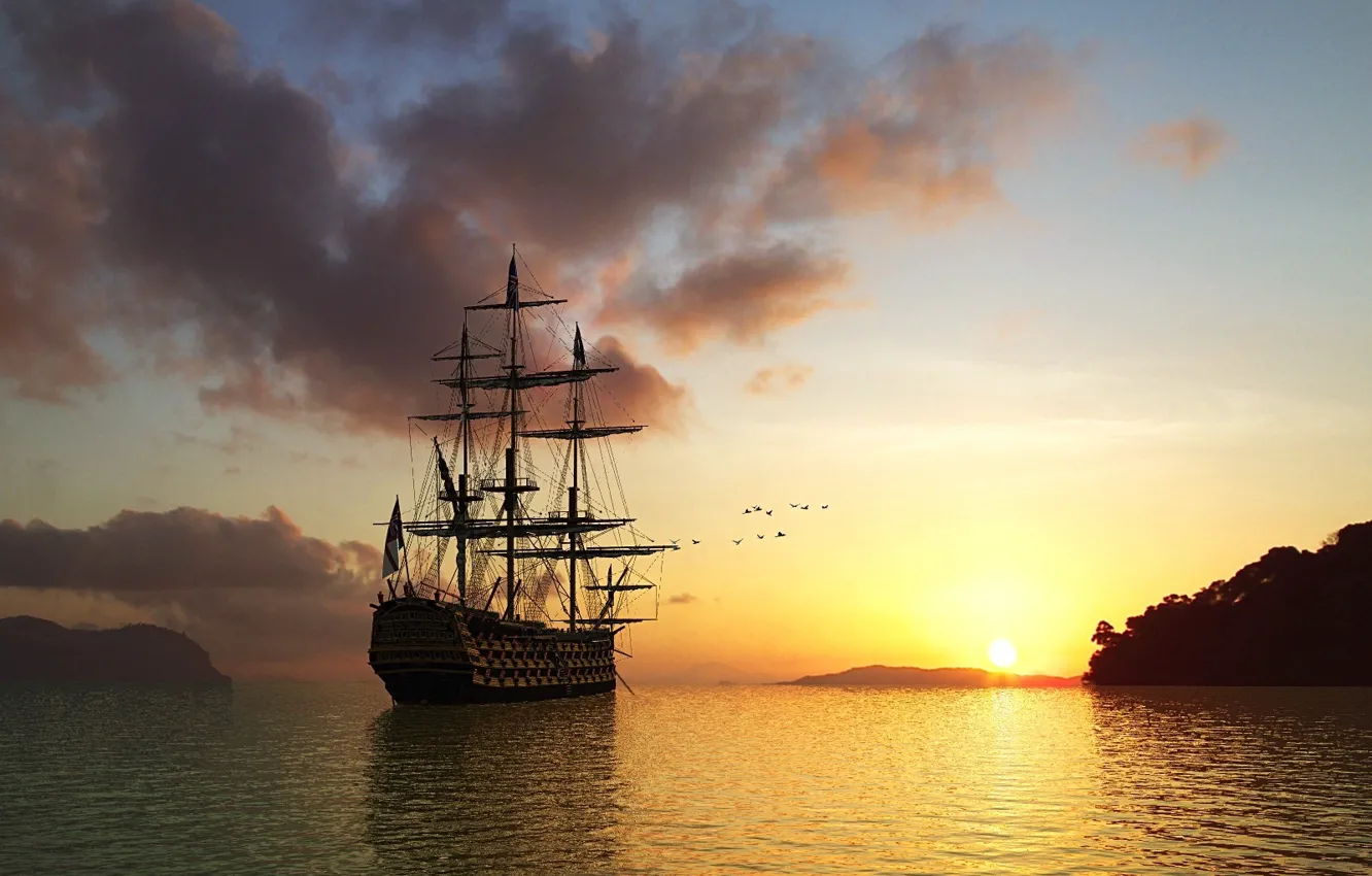 Photo wallpaper water, sunset, ship