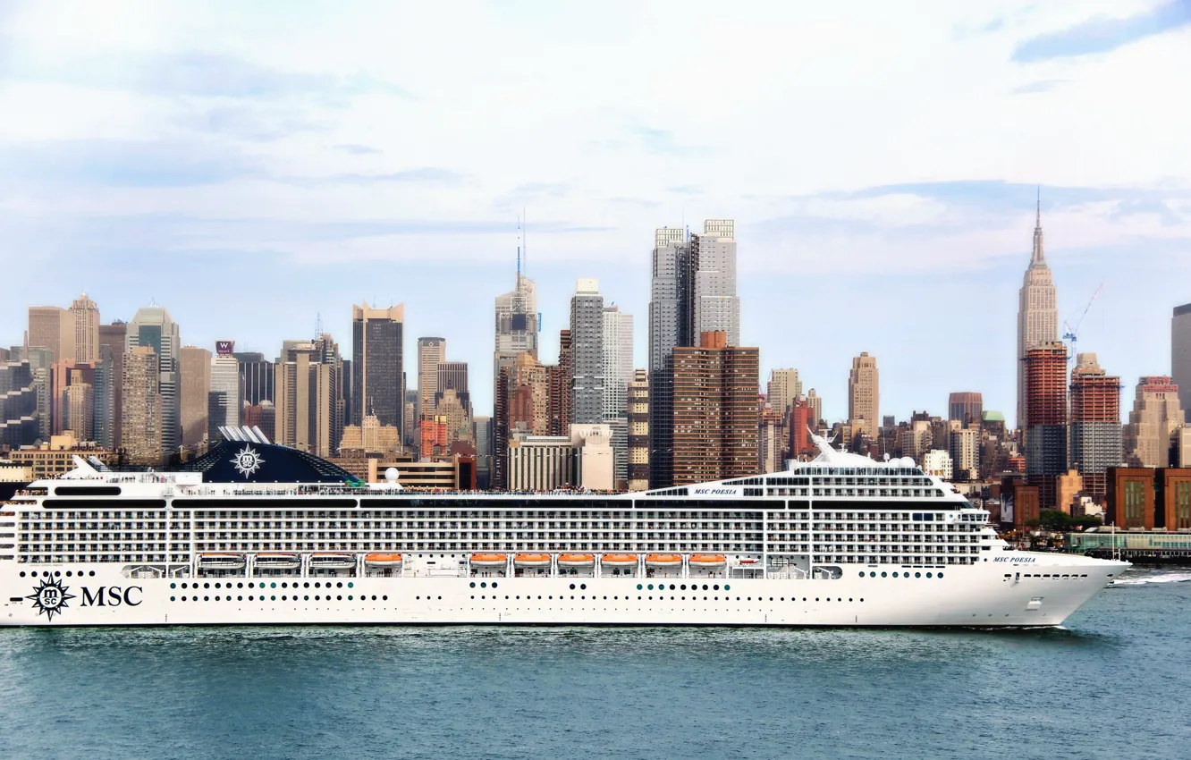 Photo wallpaper The city, White, Liner, Day, The ship, Passenger, Side view, MSC