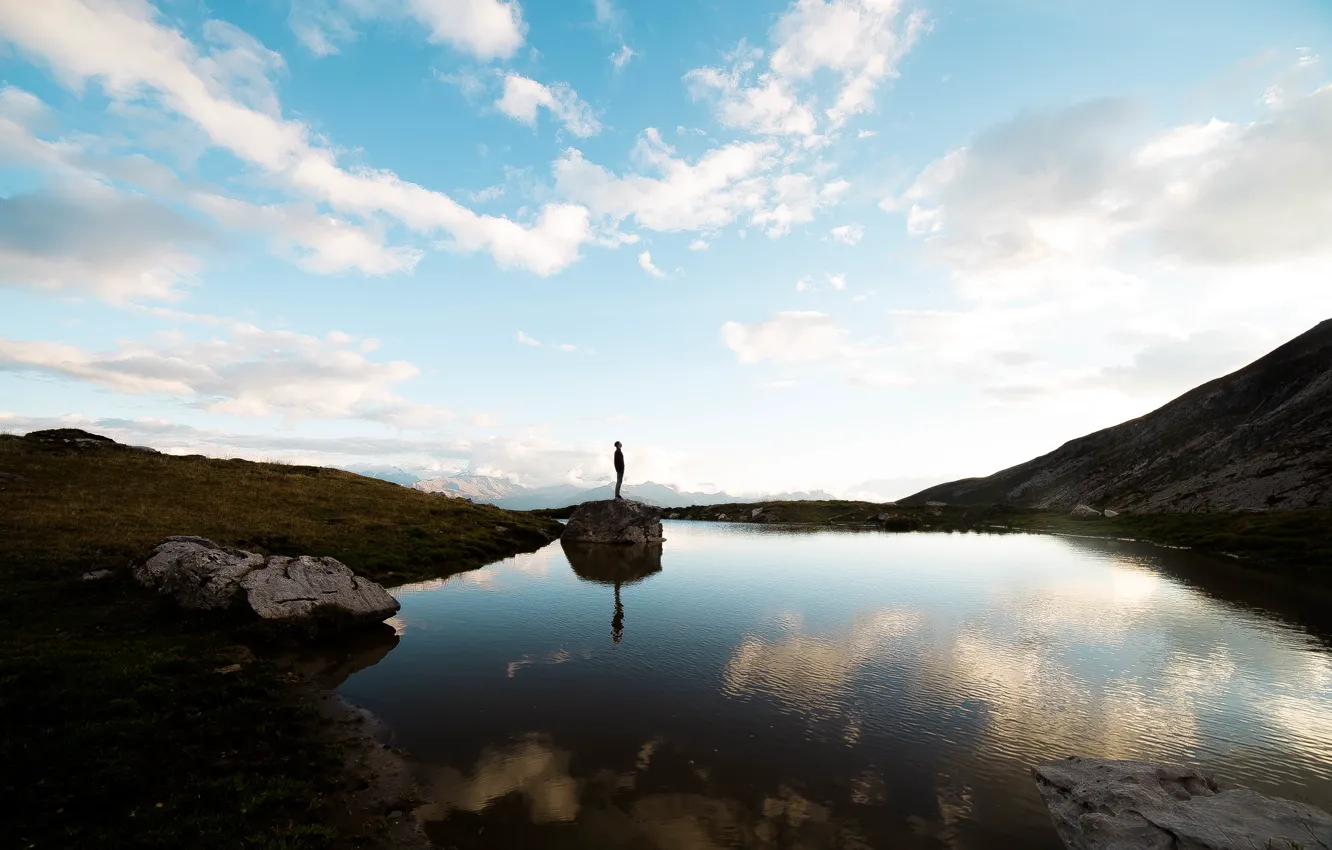 Photo wallpaper clouds, mountains, lake, reflection, mirror, male, blue sky