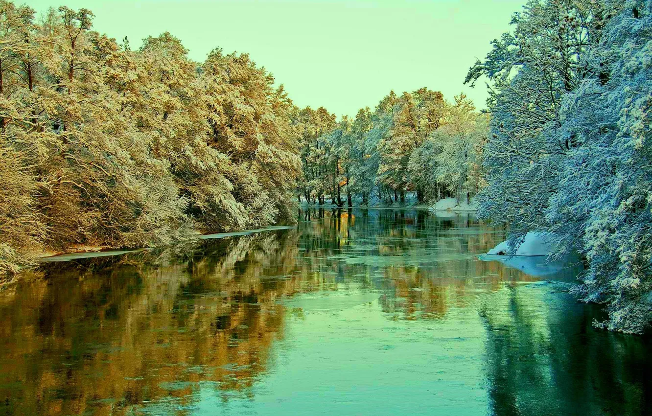 Photo wallpaper winter, frost, the sky, snow, trees, landscape, river