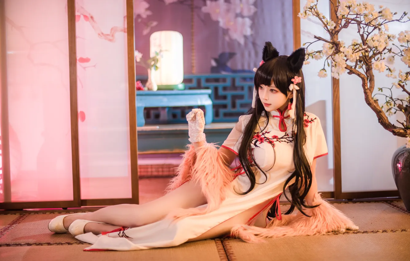 Photo wallpaper girl, trees, room, hair, Asia, dress, the door, beauty