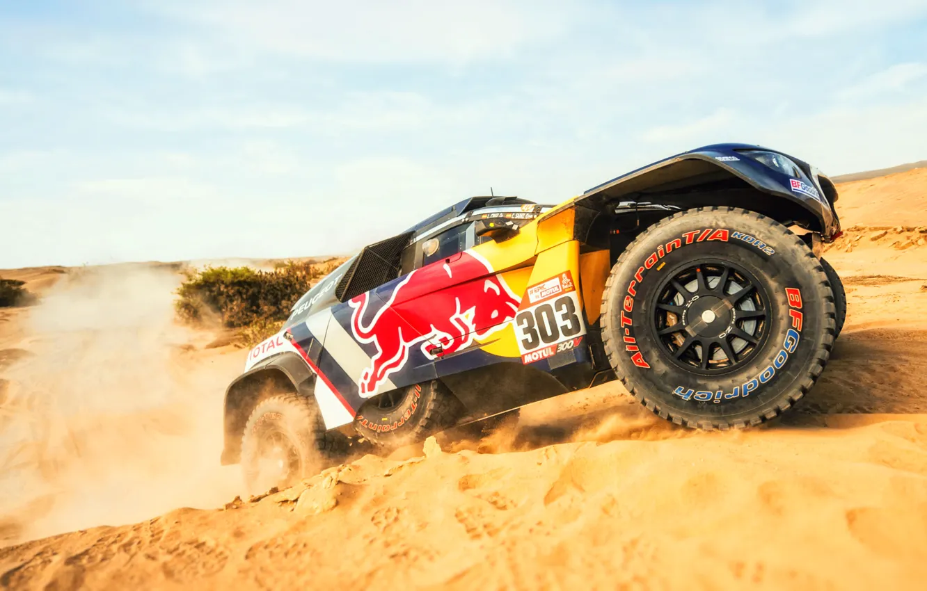 Photo wallpaper Sand, Auto, Machine, Peugeot, Lights, Red Bull, Rally, Dakar
