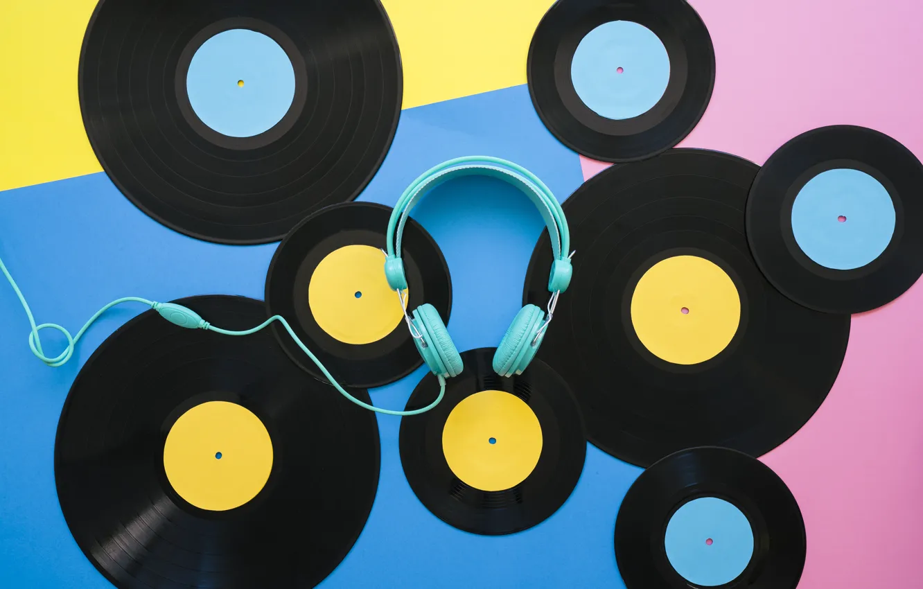 Photo wallpaper yellow, blue, headphones, vinyl, records, vinyl records