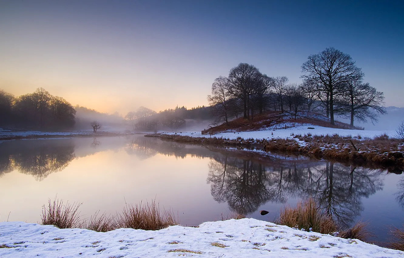 Photo wallpaper winter, snow, trees, landscape, nature, river, shore, morning