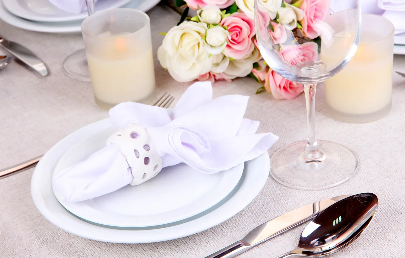 Photo wallpaper decoration, flowers, glass, bouquet, candles, flowers, table, glasses