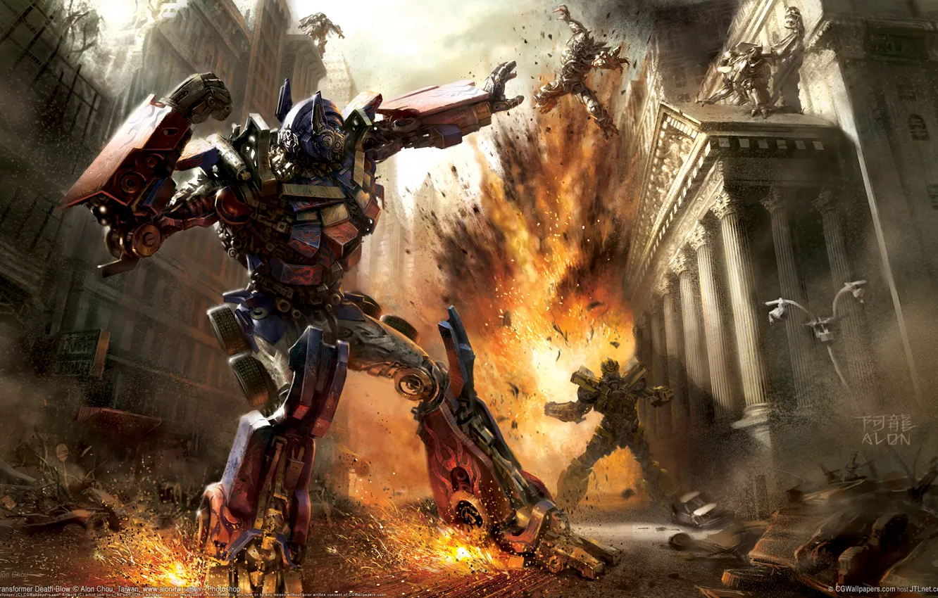 Photo wallpaper the explosion, robot, Battle, Transformers