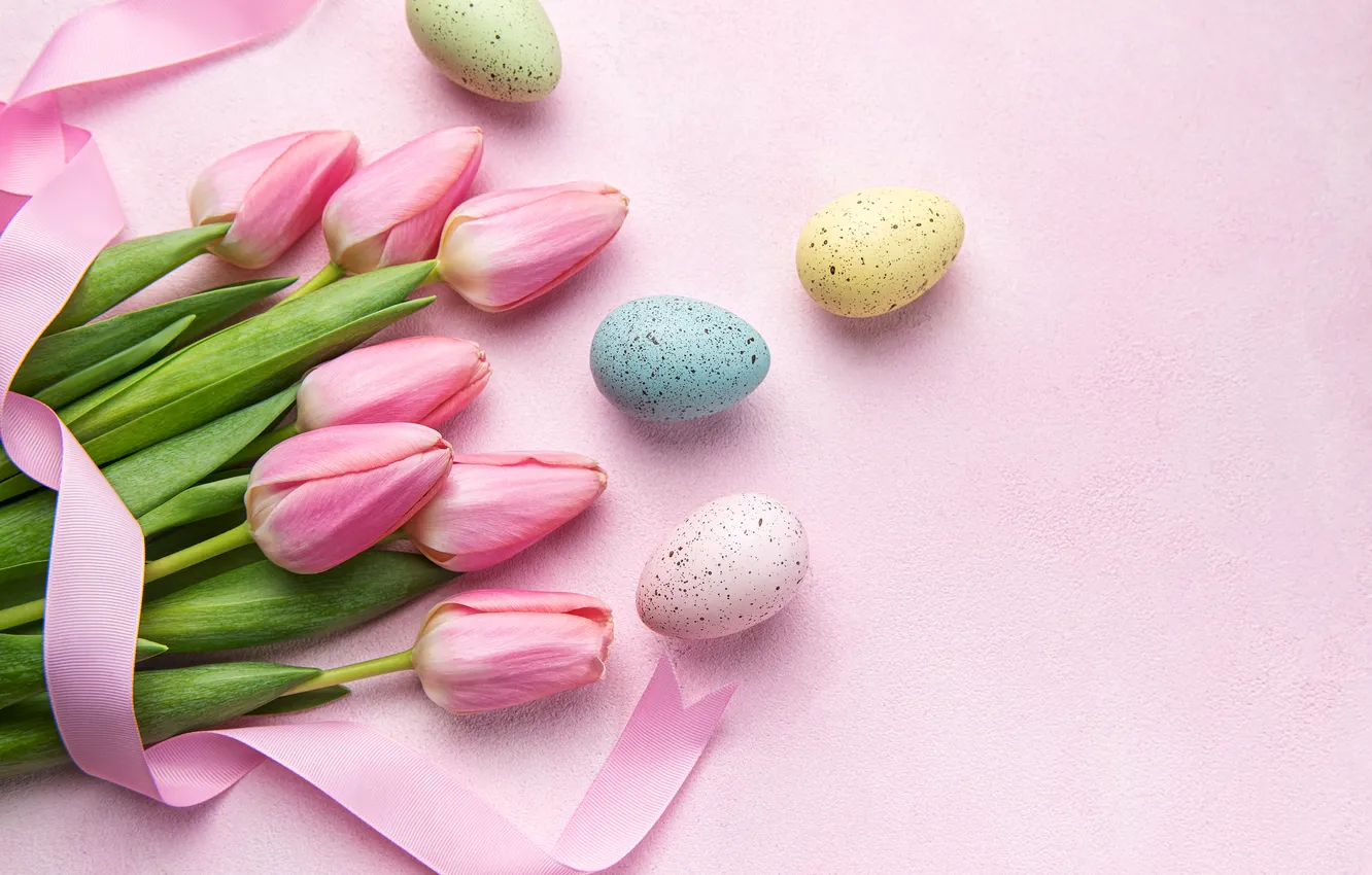 Photo wallpaper flowers, eggs, spring, Easter, tulips, happy, pink, flowers