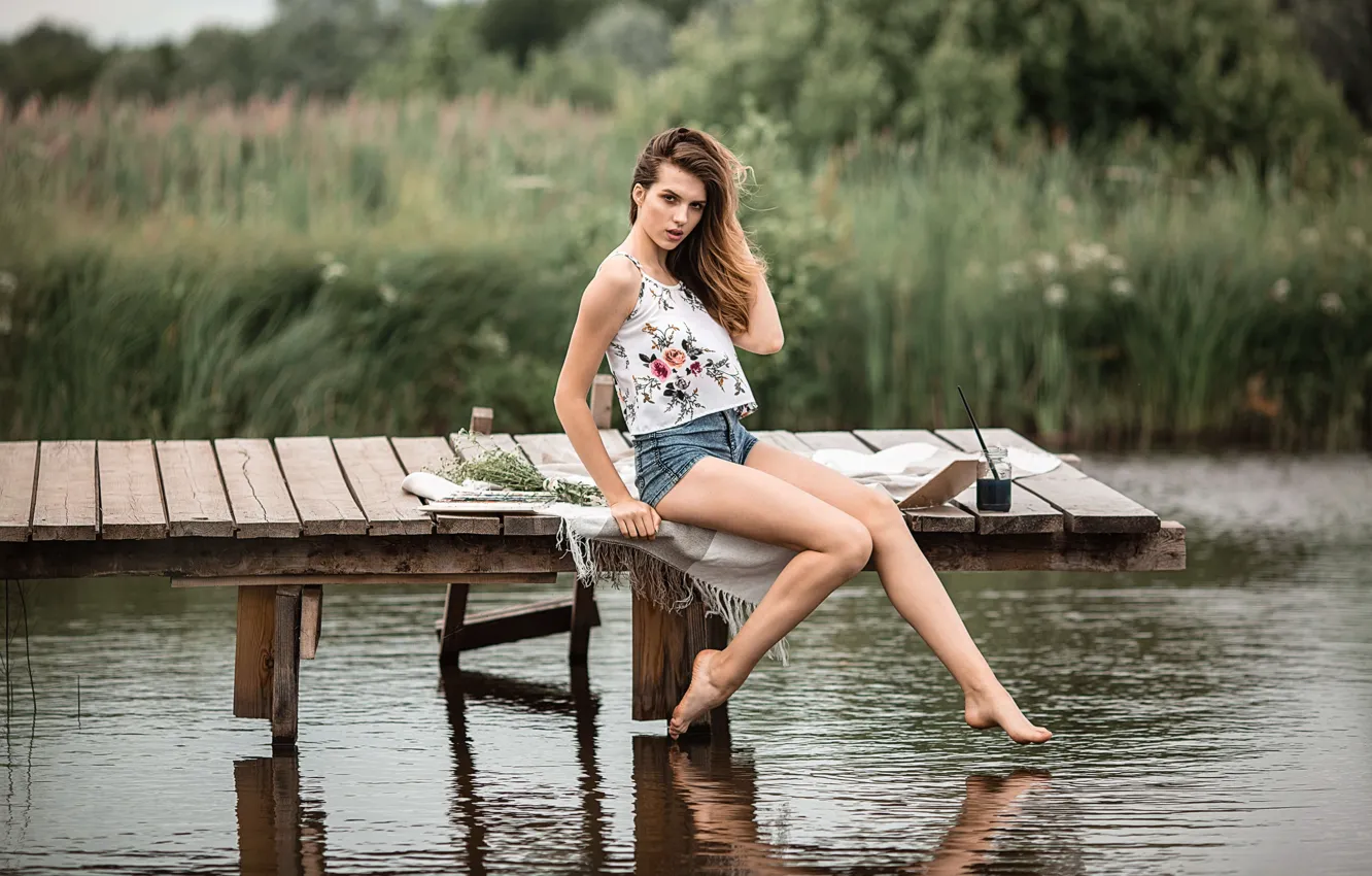 Photo wallpaper summer, girl, nature, shorts, barefoot, t-shirt, brown hair, pond