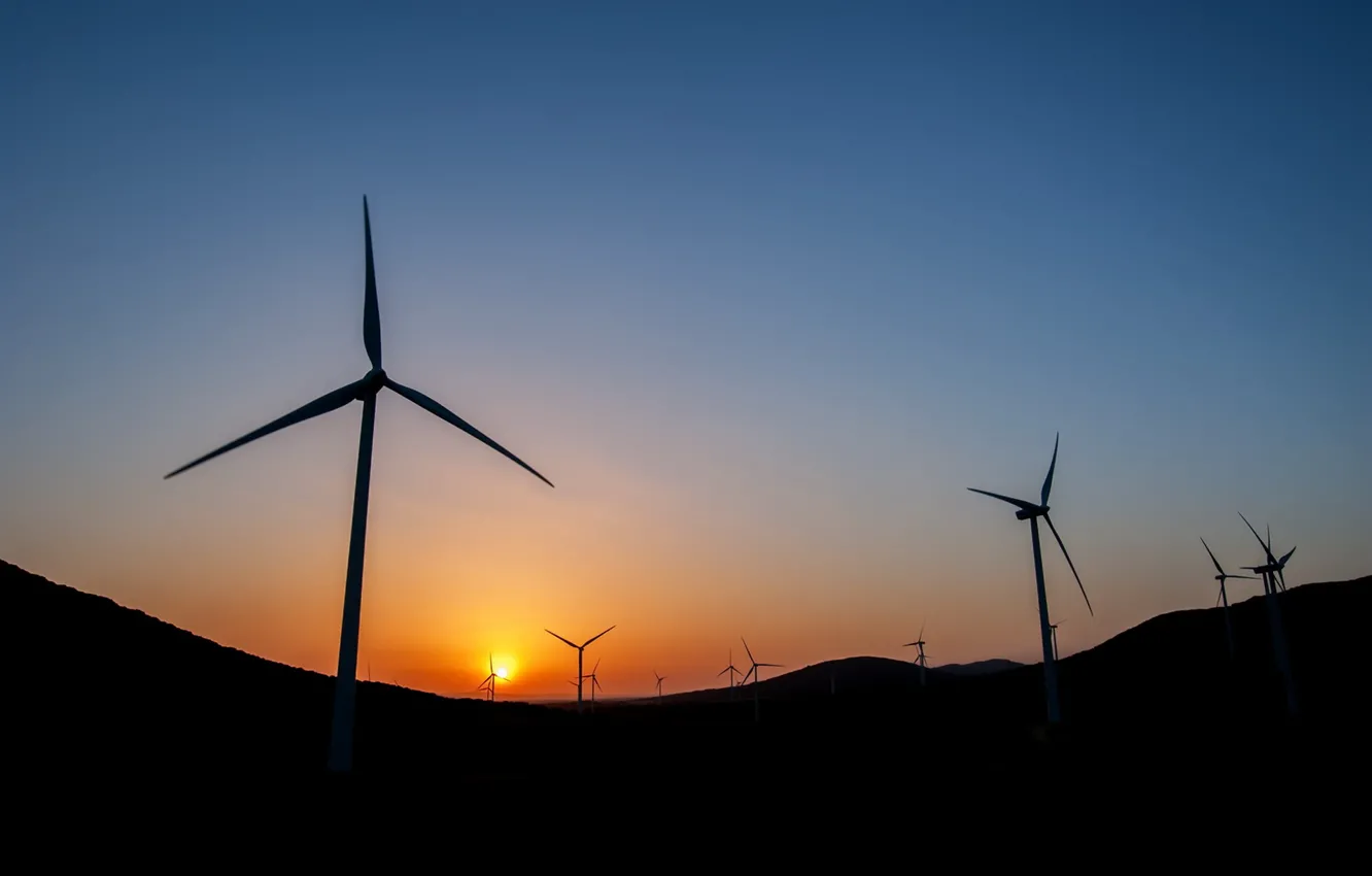 Photo wallpaper the sky, sunset, windmills