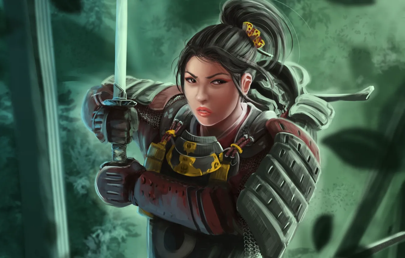Photo wallpaper girl, katana, art, samurai, armor, samurai
