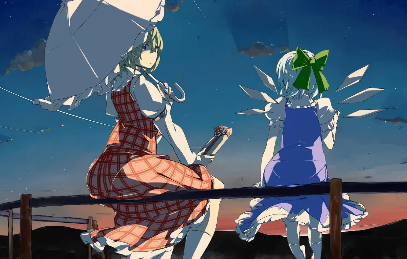 Photo wallpaper the sky, girl, sunset, wings, the evening, umbrella, art, railings