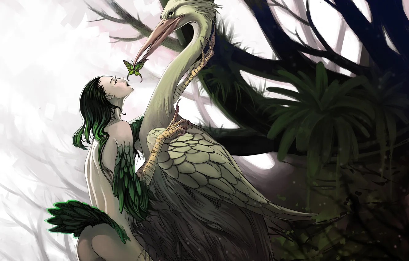 Photo wallpaper forest, girl, bird, butterfly, feathers, fantasy, art, claws