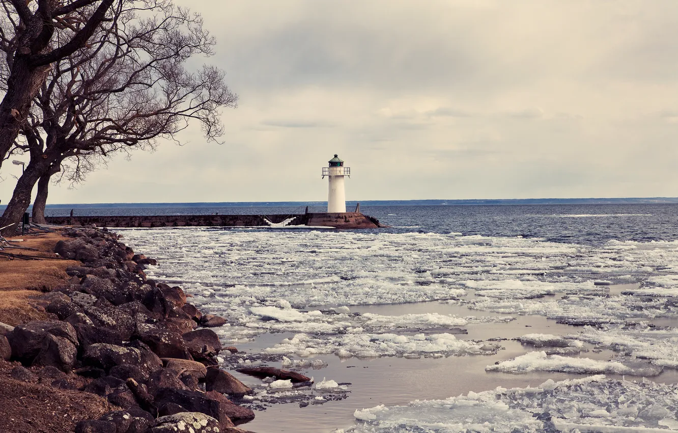 Photo wallpaper ice, winter, sea, the sky, clouds, nature, tree, lighthouse